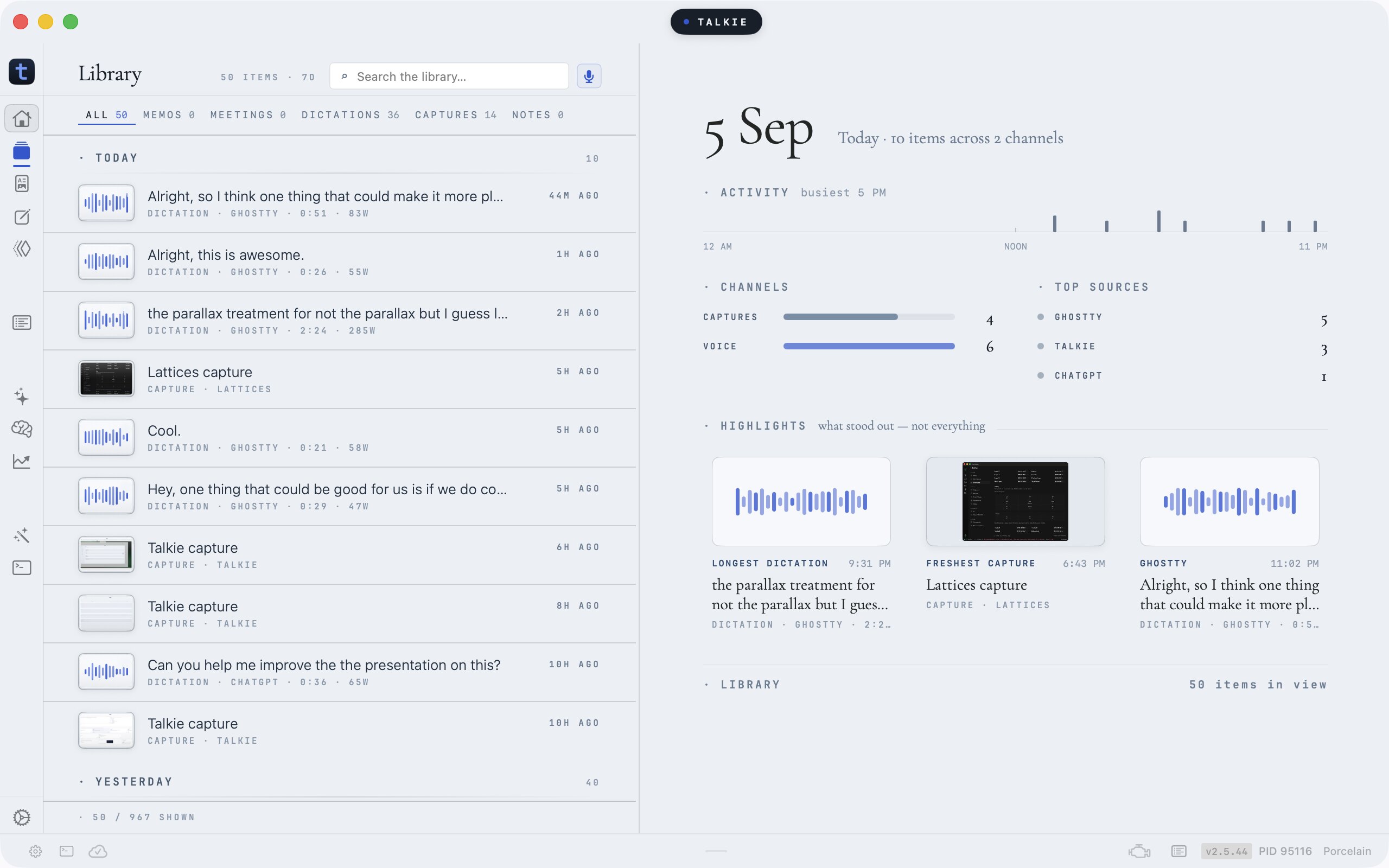 Talkie for Mac home: the library, the day's activity, channels, and highlights