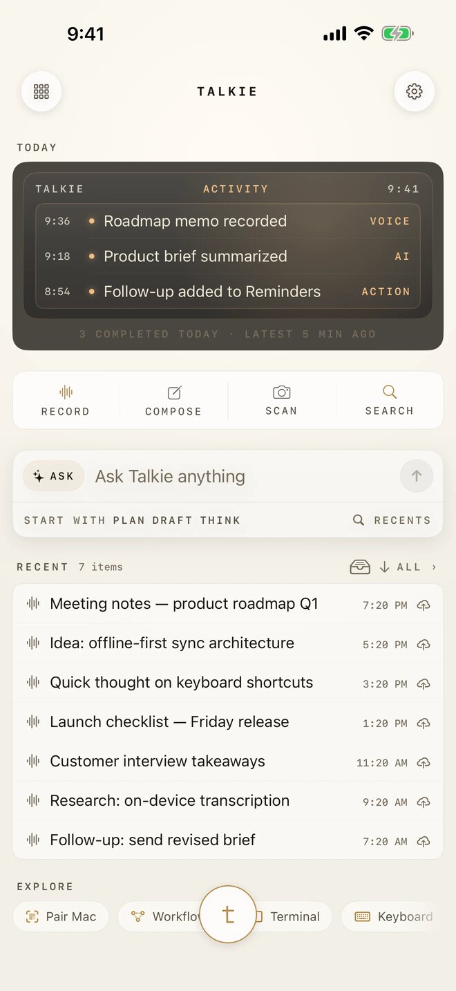 Talkie for iPhone home: today's activity, quick actions, and recent memos