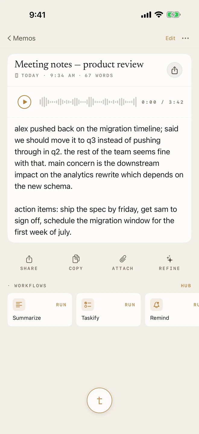 A transcribed memo with its actions and workflows