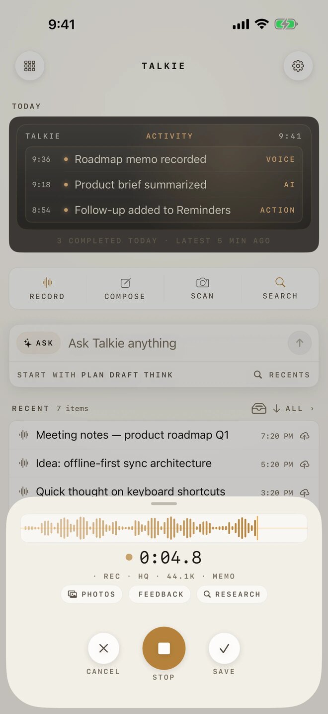 Talkie for iPhone recording a memo